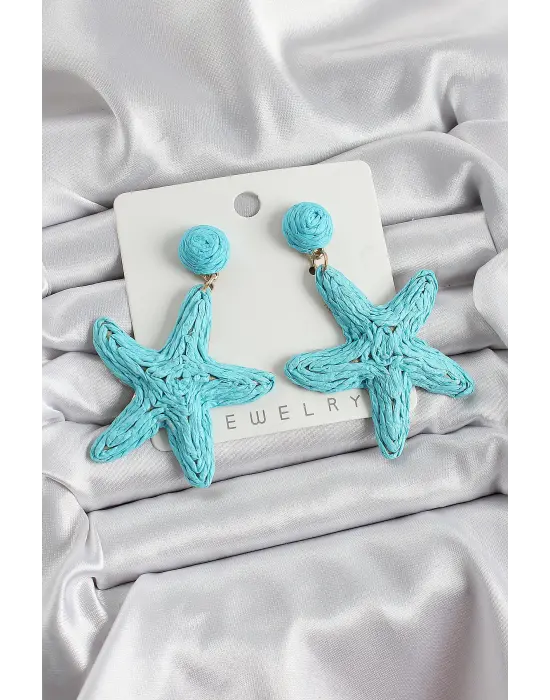 Mavi Deniz Yıldızı Figürlü Hasır Örgü Model Gold Renk Kadın Küpe