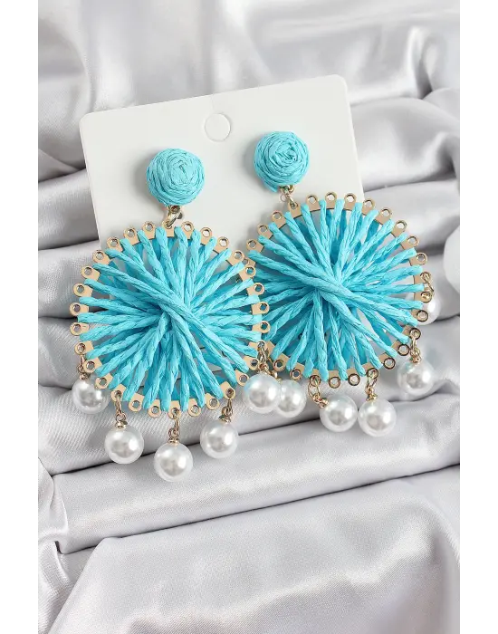 Mavi Hasır Örgü Sarmal Model Sallantılı İnci Detaylı Gold Renk Kadın Küpe