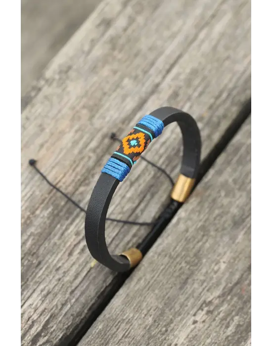 Mavi İpli Etnik Desenli Kadın Deri Bileklik