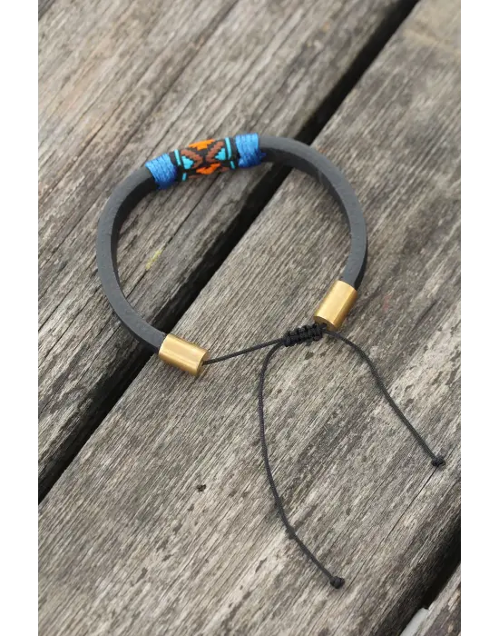Mavi İpli Etnik Desenli Kadın Deri Bileklik