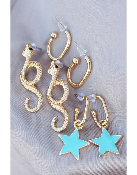 Mavi Mineli Yıldız Detaylı Yılan Tasarımlı Küpe Seti