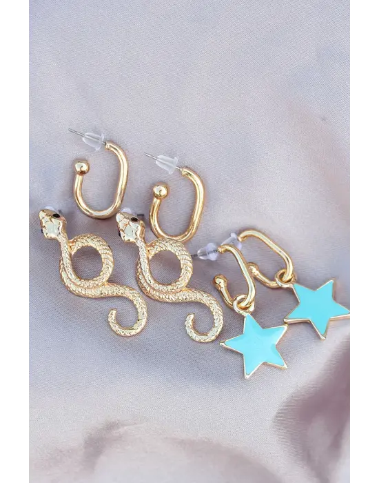 Mavi Mineli Yıldız Detaylı Yılan Tasarımlı Küpe Seti