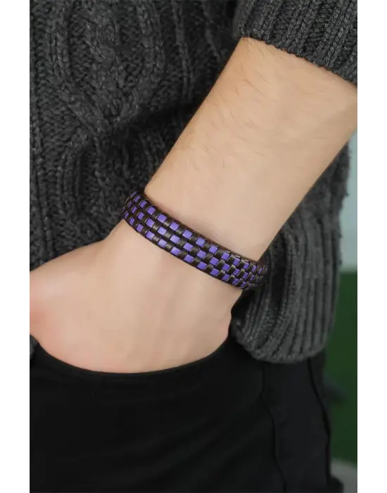 Mavi Renk Damalı Deri Erkek Bileklik