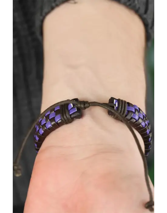 Mavi Renk Damalı Deri Erkek Bileklik