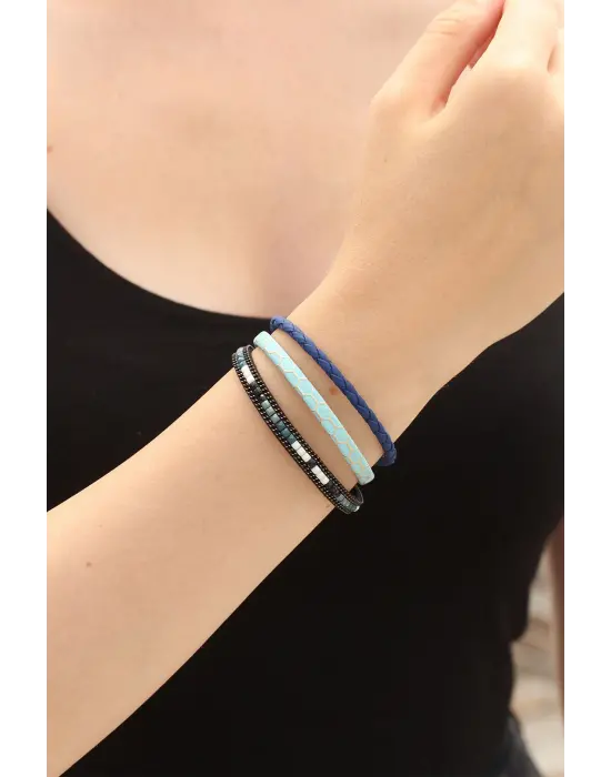 Mavi Renk Desenli Tasarımlı Taşlı Lacivert Örgü Model Kadın Deri Bileklik