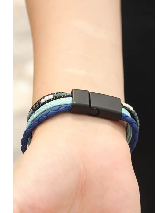 Mavi Renk Desenli Tasarımlı Taşlı Lacivert Örgü Model Kadın Deri Bileklik