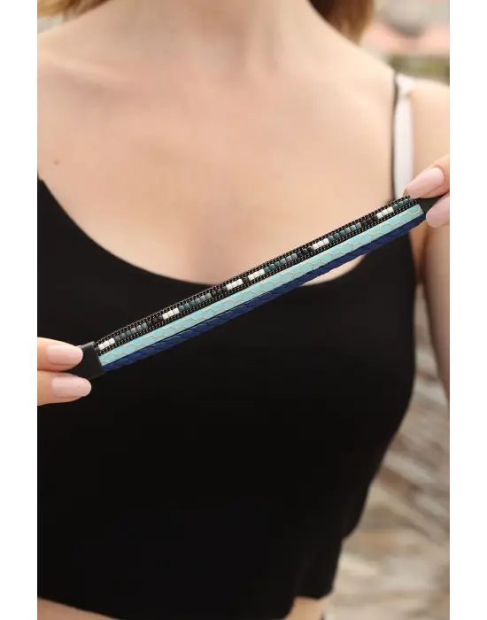 Mavi Renk Desenli Tasarımlı Taşlı Lacivert Örgü Model Kadın Deri Bileklik