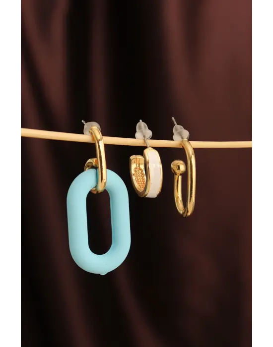 Mavi Renk Uzun Oval Halka Küpe Seti