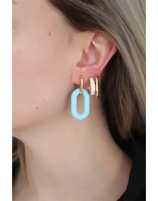 Mavi Renk Uzun Oval Halka Küpe Seti