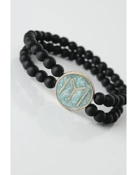 Mavi Renkli Metal Üzerine Kayı Boyu Figürlü Siyah Renk Çift Sıra Doğal Taş Erkek Bileklik