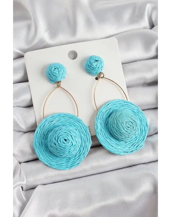 Mavi Şapka Figürlü Hasır Örgü Model Sallantılı Gold Renk Kadın Küpe