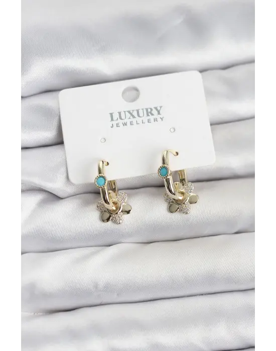 Mavi Taş Detaylı Çelik Gold Renk Kadın Göçmen Küpesi