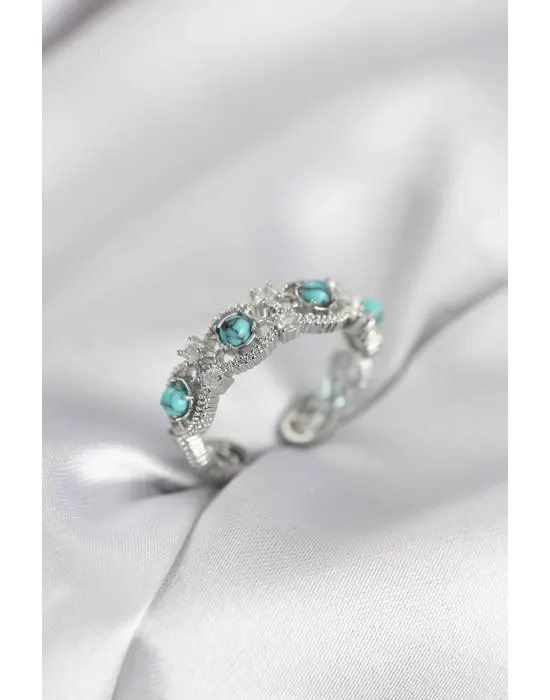 Mavi Taşlı Gümüş Renk Vintage Kadın Yüzük