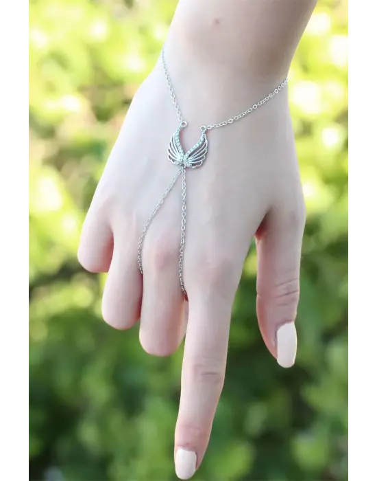 Melek Kanadı Figürlü Zirkon Taşlı Silver Renkli Şahmeran Bileklik