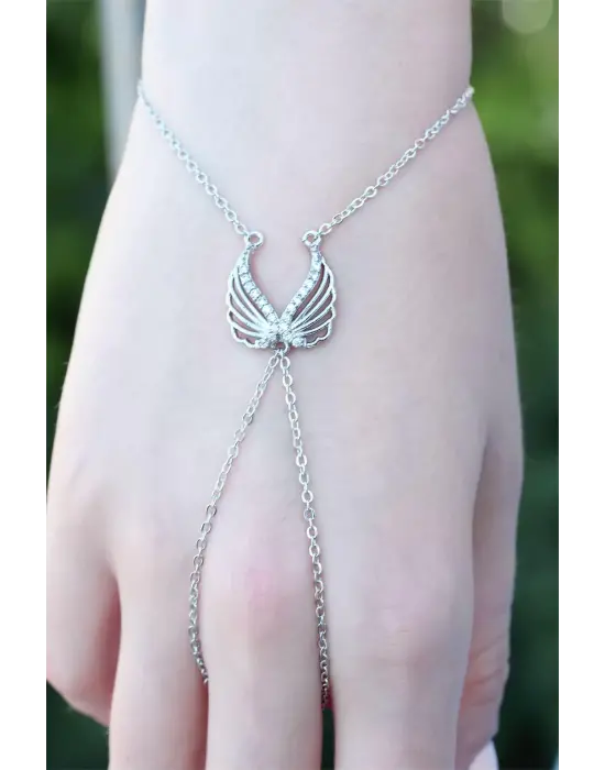 Melek Kanadı Figürlü Zirkon Taşlı Silver Renkli Şahmeran Bileklik