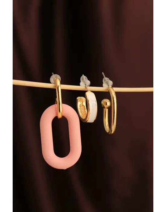 Mercan Renk Uzun Oval Halka Küpe Seti