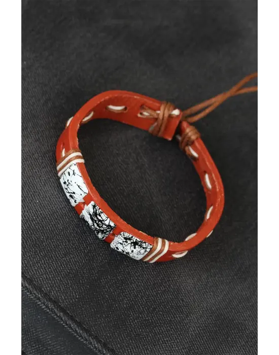 Mermer Taşlı Kahverengi Deri Erkek Bileklik