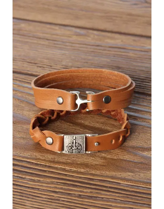 Metal Aksesuarlı Kahverengi Deri Erkek Bileklik Kombin