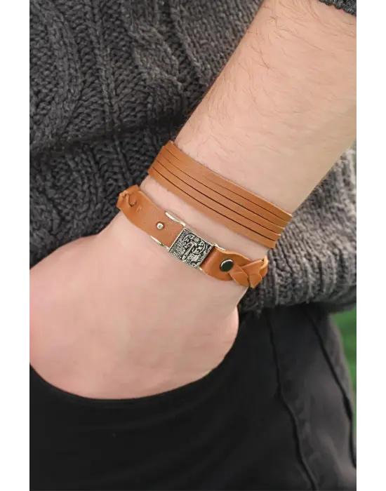 Metal Aksesuarlı Kahverengi Deri Erkek Bileklik Kombin