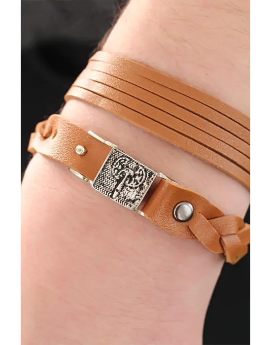 Metal Aksesuarlı Kahverengi Deri Erkek Bileklik Kombin