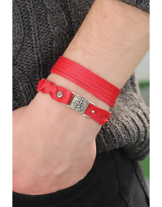 Metal Aksesuarlı Kırmızı Renk Deri Erkek Bileklik Kombin