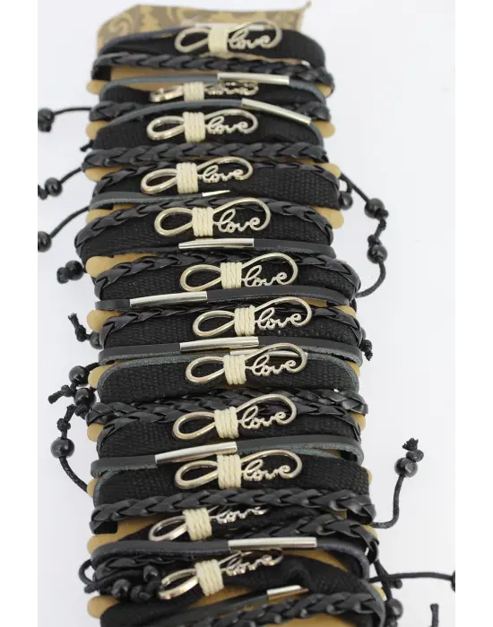 Metal Aksesuarlı Siyah Renk Deri Bileklik