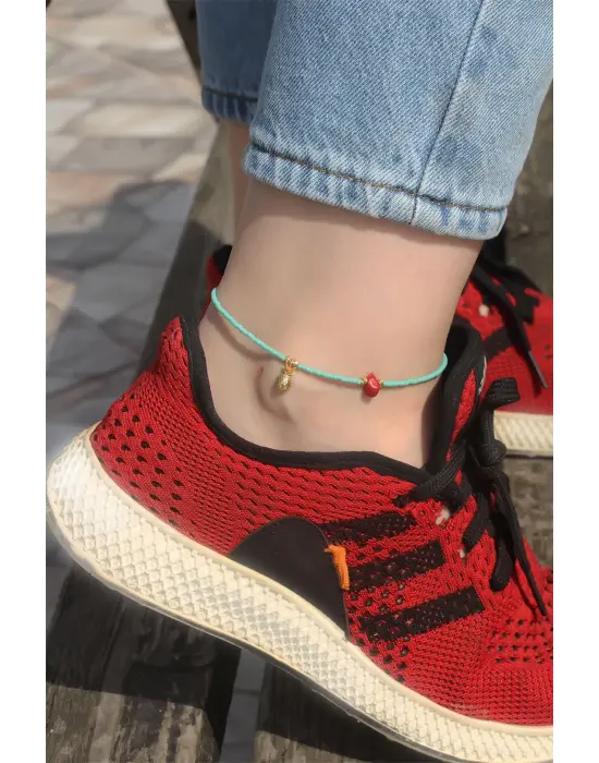 Metal Ananas Detaylı Mavi Boncuklu Halhal