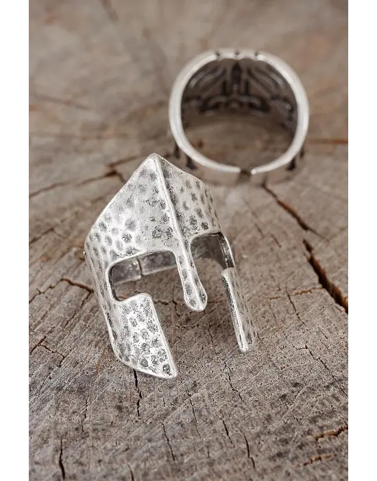 Miğfer Figürlü Eskitme Gri Renk Erkek Ayarlamalı  Yüzük