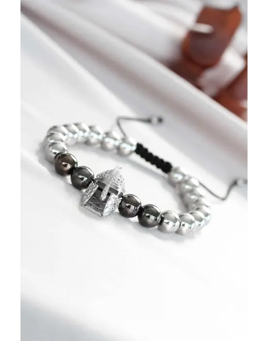 Mıhlama Taş Tasarımlı Miğfer Gümüş Renk Çelik Boncuk Erkek Bileklik