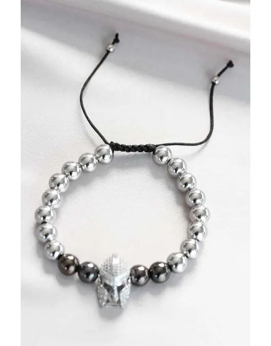 Mıhlama Taş Tasarımlı Miğfer Gümüş Renk Çelik Boncuk Erkek Bileklik