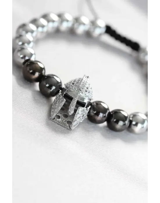 Mıhlama Taş Tasarımlı Miğfer Gümüş Renk Çelik Boncuk Erkek Bileklik