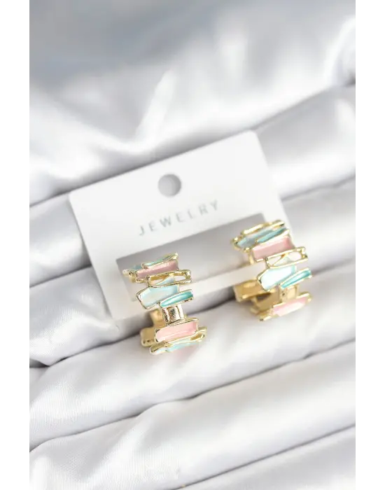 Mineli Karışık Renkli Gold Kadın Küpe