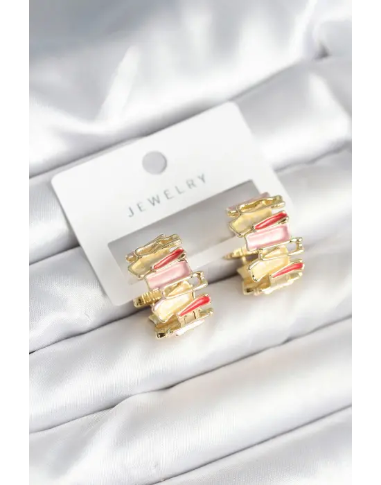 Mineli Karışık Renkli Gold Pirinç Kadın Küpe
