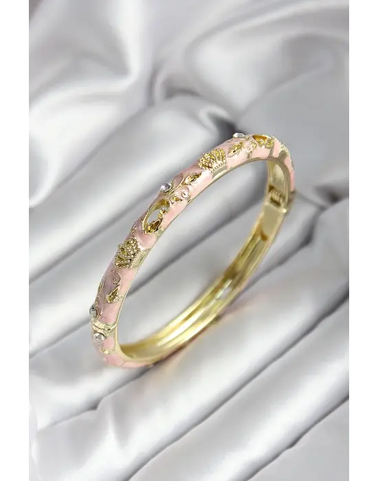 Mineli Pirinç Açık Pembe Kraliçe Taç Desenli Zirkon Taşlı Gold Renk Kadın Kelepçe