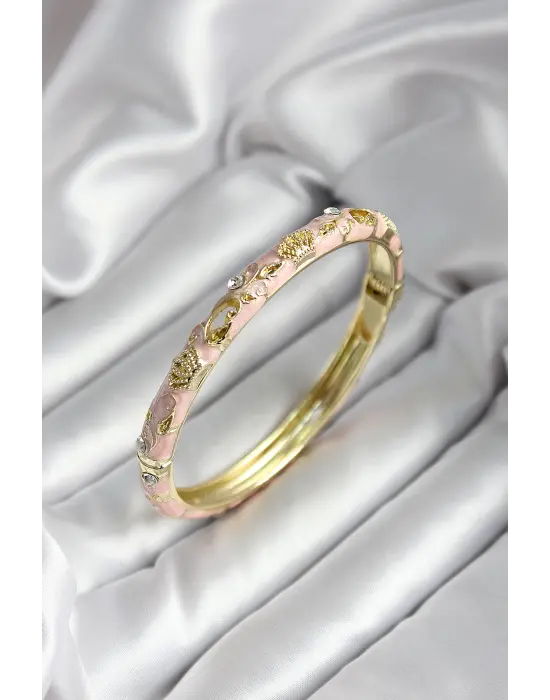 Mineli Pirinç Açık Pembe Kraliçe Taç Desenli Zirkon Taşlı Gold Renk Kadın Kelepçe