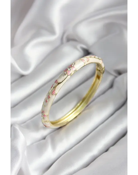 Mineli Pirinç Bej Çiçek Desenli Zirkon Taşlı Gold Renk Kadın Kelepçe (çap 60 mm)