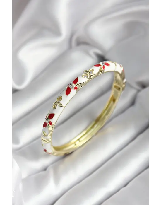 Mineli Pirinç Beyaz Çiçek Desenli Gold Renk Kadın Kelepçe