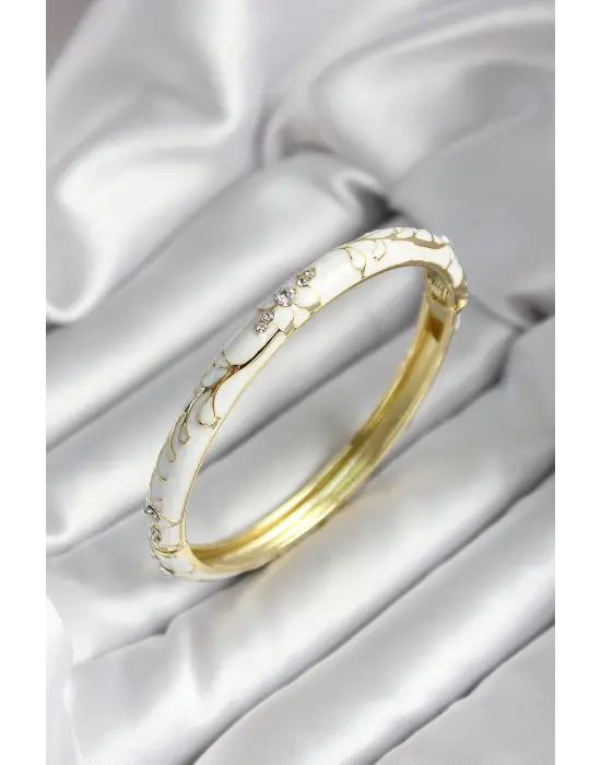 Mineli Pirinç Beyaz Çiçek Desenli Zirkon Taşlı Gold Renk Kadın Kelepçe