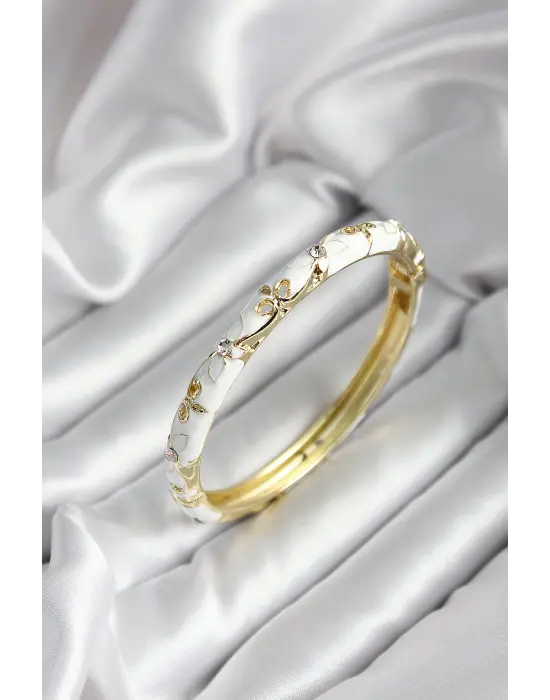 Mineli Pirinç Beyaz Çiçek Desenli Zirkon Taşlı Gold Renk Kadın Kelepçe (çap 60 mm)