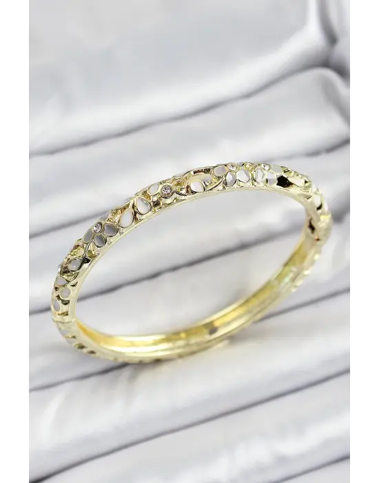 Mineli Pirinç Beyaz Çiçek Motif Kadın Kelepçe