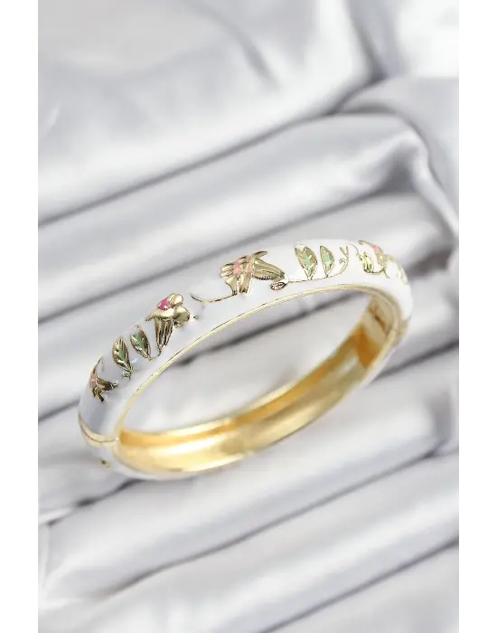 Mineli Çelik Beyaz Çiçek Motifli Gold Renk Kadın Kelepçe