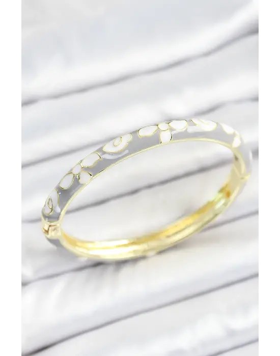 Mineli Pirinç Beyaz Gri Çiçek Desenli Gold Renk Kadın Kelepçe