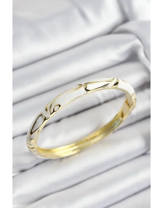 Mineli Çelik Beyaz Mermer Motifli Gold Renk Kadın Kelepçe