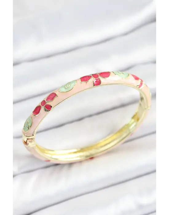 Mineli Pirinç Beyaz Pembe Yeşil Çiçek Desenli Gold Renk Kadın Kelepçe