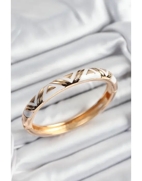 Mineli Çelik Beyaz Üçgen Motifli Gold Renk Kadın Kelepçe