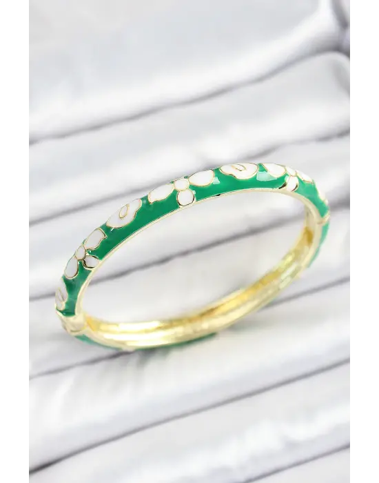 Mineli Pirinç Beyaz Yeşil Çiçek Desenli Gold Renk Kadın Kelepçe