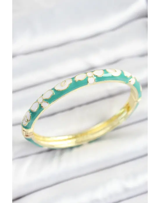 Mineli Pirinç Beyaz Yeşil Çiçek Desenli Gold Renk Kadın Kelepçe