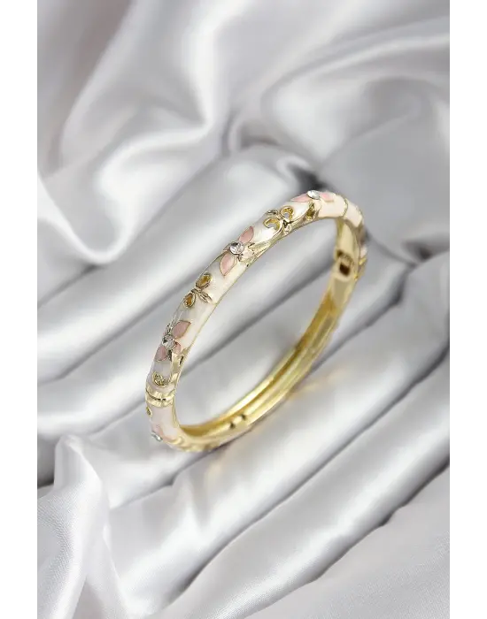 Mineli Pirinç Çiçek Desenli Zirkon Taşlı Gold Renk Kadın Kelepçe (çap 60 mm)