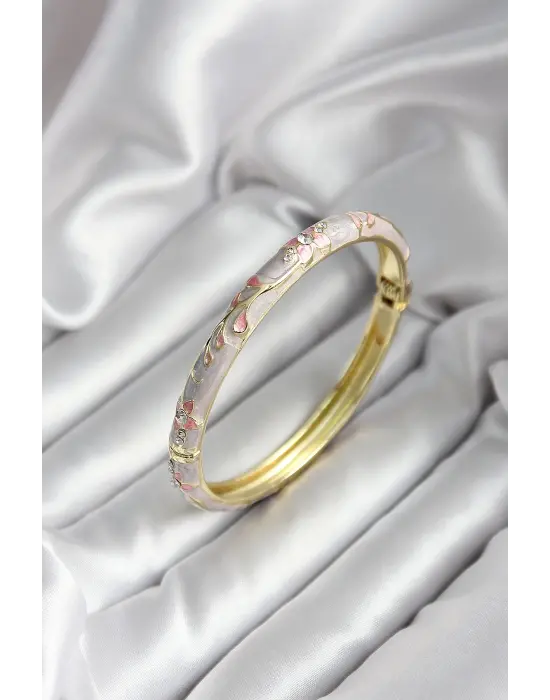 Mineli Pirinç Çiçek Desenli Zirkon Taşlı Gold Renk Kadın Kelepçe (çap 60 mm)