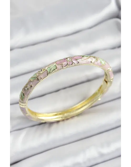 Mineli Pirinç Çiçek Motif Pembe Renk Kadın Kelepçe